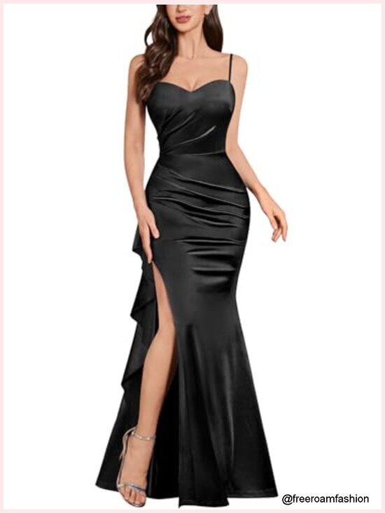 Dresses & Skirts - Sexy Ruffle Split Satin Mermaid Evening Maxi Dress with Spaghetti Strap